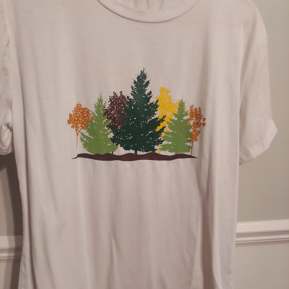 White T-Shirt with Colorful Tree Design